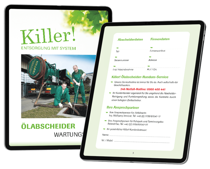 Zwei Tablets zeigen Informationen zum Ölabscheider-Wartungsservice der Killer GmbH & Co KG, einschließlich eines Wartungsbuchs und Kontaktinformationen.