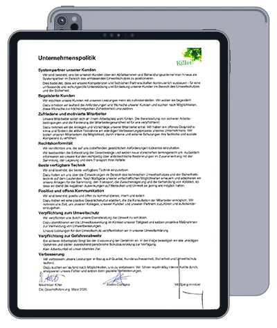 unternehmenspolitik-2026 Tablet zeigt ein Dokument mit der Unternehmenspolitik der Killer GmbH & Co KG, unterzeichnet von den Geschäftsführern.